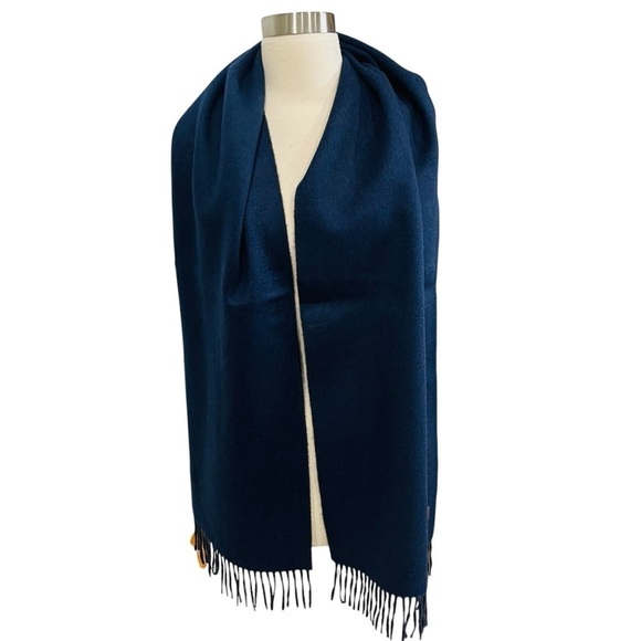 Hickey Freeman Solid Double Face Merino Wool Fringe Scarf Brown/Navy Reversible - Picture 4 of 16
